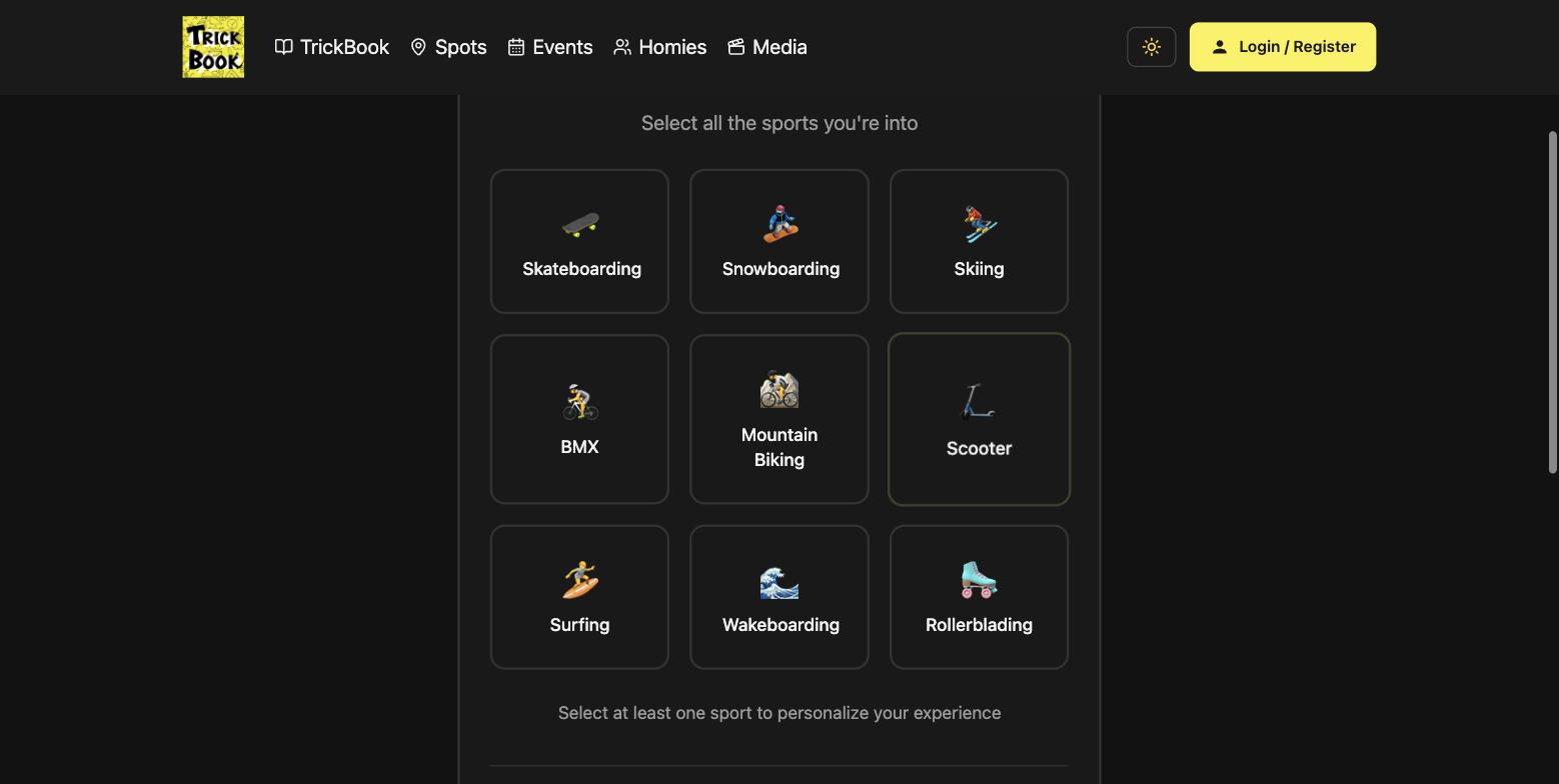 Signup step 3 — sport selection